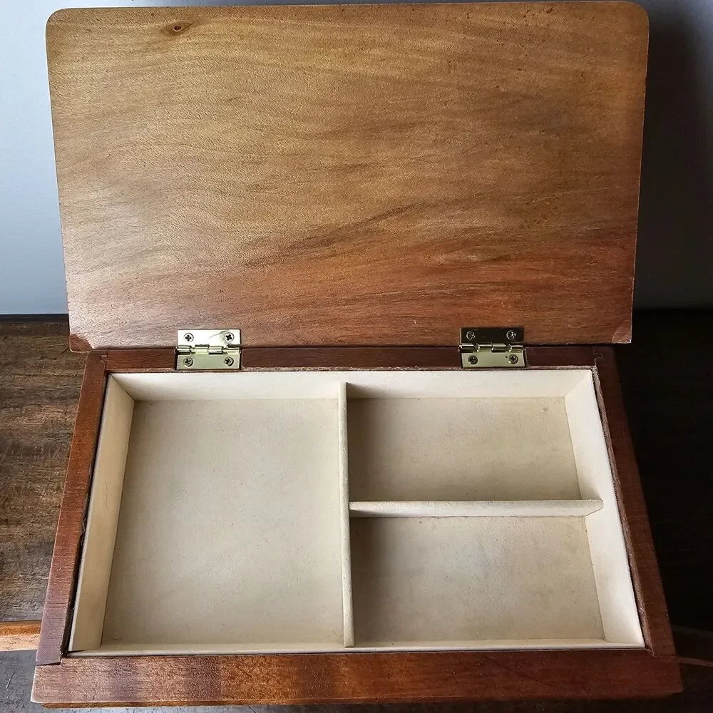 Vintage Wooden Jewelry Armoire with Etched Floral Glass Doors & Hinge Top Lid